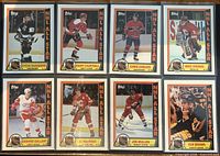 Fronts of all eight 1989-90 Topps NHL All Star stickers laid out