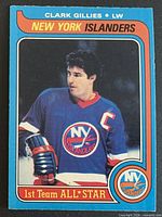 Front of Clark Gillies 1979-80 OPC card showing player image and logo