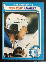 Front of Dave Maloney 1979-80 OPC card showing image, border, team logo and player name