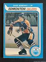Front of Dave Semenko O-Pee-Chee rookie card showing player in Oilers uniform