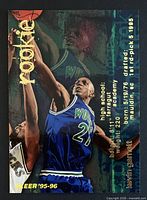 Front of Kevin Garnett Fleer rookie card showing image and rookie text