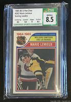 Front view of CSG-slabbed Mario Lemieux OPC rookie card