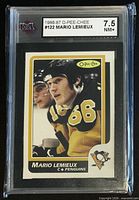 Front of KSA-encapsulated Mario Lemieux 1986-87 O-Pee-Chee #122 card with grade label 7.5 NM+