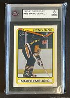 Front of slabbed Mario Lemieux O-Pee-Chee card showing image, grade label