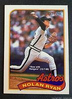Front of 1989 O-Pee-Chee Nolan Ryan card showing player pitching and Astros banner