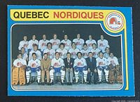 Front of 1979-80 O-Pee-Chee Quebec Nordiques checklist card showing team photo and design