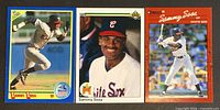 Front view of three Sammy Sosa rookie cards (Score #558, Upper Deck #17, Donruss #489)