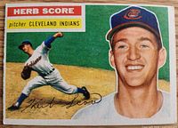 Front of Topps 1956 Herb Score card showing action image, portrait, name and team