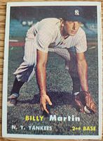 Front of Topps 1957 Billy Martin card showing player image