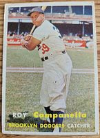 Front of 1957 Topps Roy Campanella card, shows player image and visible creasing