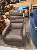 Front angled view of gray leather La-Z-Boy power recliner with visible wired control pendant