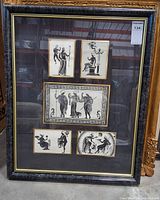 Front view of framed collage showing six prints, frame, glass