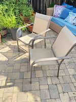Two matching patio chairs showing overall design, frame color, mesh seats