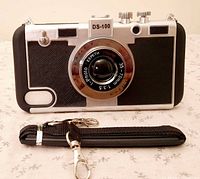 Front view of camera-style iPhone case showing design details
