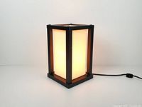 Lamp illuminated, showing frame and fabric shade