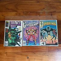 All three bagged comic books side by side on wooden surface