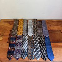 All fourteen neckties arranged flat on table