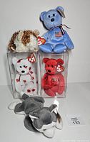 Group shot showing all five Beanie Babies, two in cases