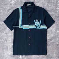 Front view of navy CAST button-up shirt with stripes and pocket horse graphic