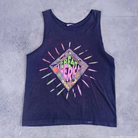 Front view of black tank top with colourful graphic