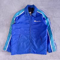 Front view showing stripe design, logo, zipper and pockets