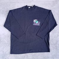 Full view of black long-sleeve T-shirt with chest graphic visible