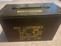 Front view showing yellow stenciled markings 840 cartridges 5.56 mm BALL M193