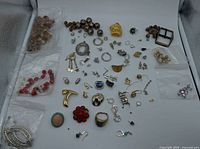 Spread of assorted loose jewelry pieces on tray