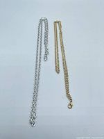 Two chains laid flat: silver-tone and gold-tone with lobster clasp