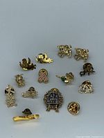 All thirteen assorted gold-tone lapel pins laid out