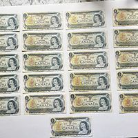 Full layout of 21 Canadian $1 bills on white background