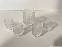 group shot of tumbler and four shot glasses