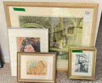 All four framed artworks leaning against wall