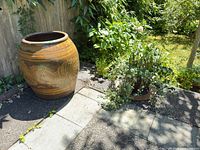 Large glazed ceramic urn and potted plant on patio