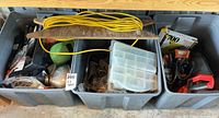 Three totes with extension cord, hardware organizer, gloves, boots, tape dispenser box and assorted tools