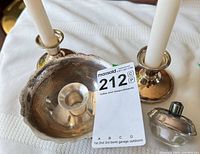 Two candlestick holders, shallow bowl and covered dish grouped