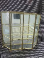 Front angled view showing glass panels, brass frame, interior dividers, mirrored bottom