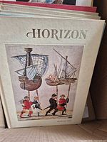 Stack of Horizon hardbound issues in box, top showing March 1973 cover with ship illustration
