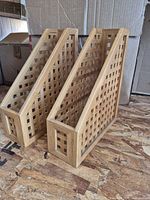 Front angled view of both bamboo lattice magazine holders