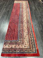 Full length view of Persian runner rug showing red field and patterned borders