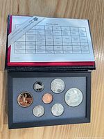 Open proof set showing specification card and all seven coins obverse designs