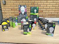 Group shot of all boxed LED bulbs on table
