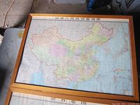 Framed map of China under glass in wood frame