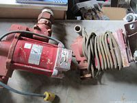Two red Fill-Rite pumps with cords and hose