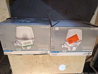 Front of two sealed boxes showing Commercial Electric LED area lights