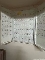 Cabinet open showing rows of labelled hooks