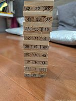 Front view of stacked numbered wooden blocks