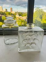 Both clear glass containers side by side showing overall form and grape embossing