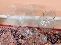 All six clear glass vases displayed on rug