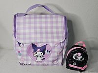 Front view of Kuromi lunch bag and mini backpack pouch